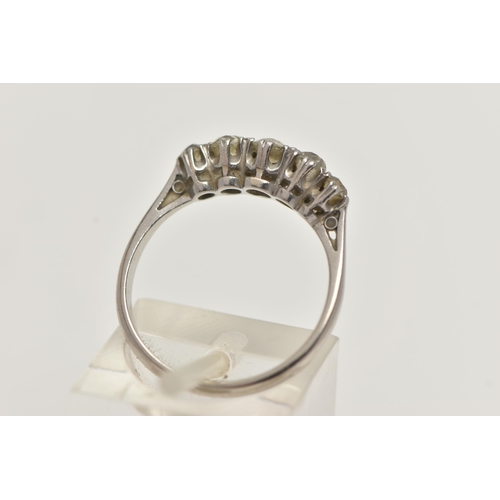 98 - A WHITE METAL FIVE STONE DIAMOND RING, five graduated old cut diamonds, estimated total diamond weig... 