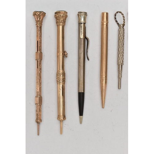 146 - AN ASSORTMENT OF PROPELLING PENCILS, to include a yellow gold pencil, hallmarked 9ct London, a small... 