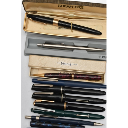 147 - A BAG OF ASSORTED PENS, to include a boxed 'Conway Stewart' propelling pencil, a cased 'Parker' ball... 