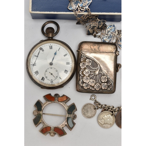 148 - A BAG OF ASSORTED SILVER AND WHITE METAL ITEMS, to include a silver open face pocket watch, round wh... 