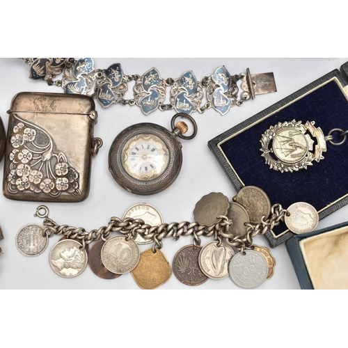 148 - A BAG OF ASSORTED SILVER AND WHITE METAL ITEMS, to include a silver open face pocket watch, round wh... 