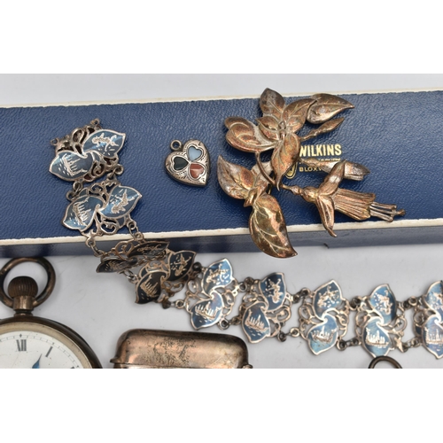 148 - A BAG OF ASSORTED SILVER AND WHITE METAL ITEMS, to include a silver open face pocket watch, round wh... 