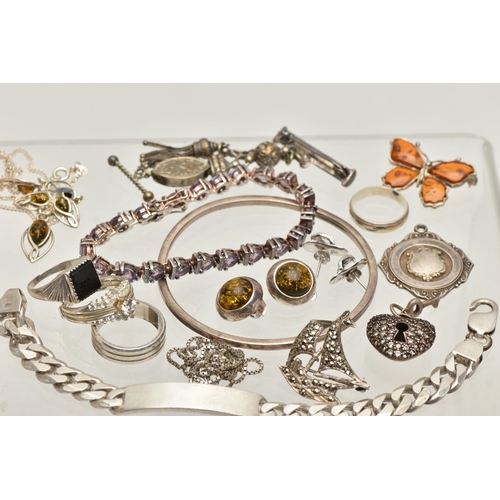 155 - A BAG OF ASSORTED SILVER AND WHITE METAL JEWELLERY, to include a silver onyx signet ring, hallmarked... 