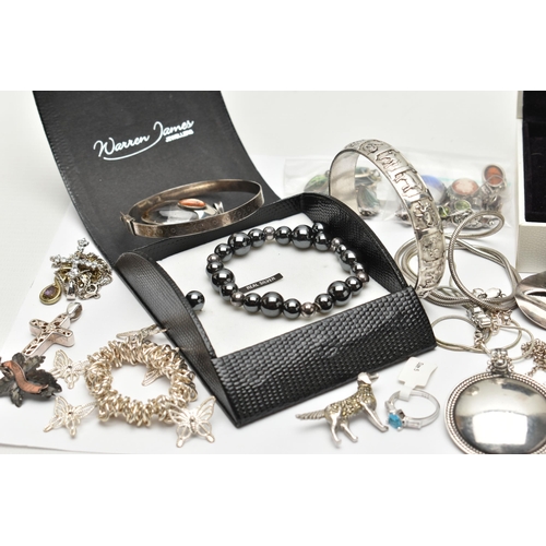 156 - A BAG OF ASSORTED JEWELLERY, to include a boxed bracelet and earring set, a 'Pandora' signed box wit... 