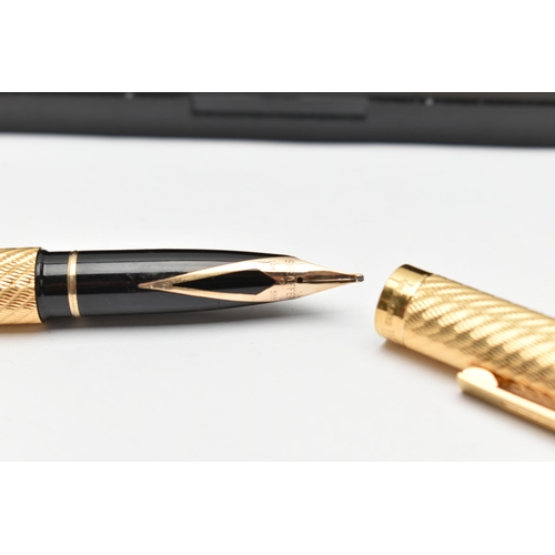 157 - A GOLD PLATED 'SHEAFFER' FOUNTAIN PEN A THIMBLE AND TOOTHPICK, gold plated engine turned pattern fou... 