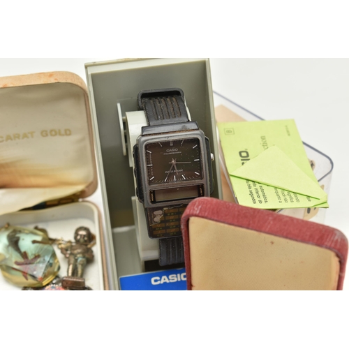 158 - A BOX OF ASSORTED ITEMS, to include a boxed 'Casio' wristwatch, a boxed 'Citizen automatic' 21 jewel... 