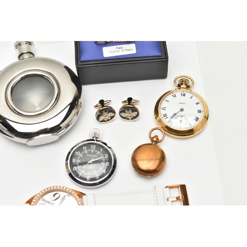 159 - A BOX OF ASSORTED ITEMS, to include a 'Smiths' open face pocket watch, a 'Avalon' pocket watch, a dr... 