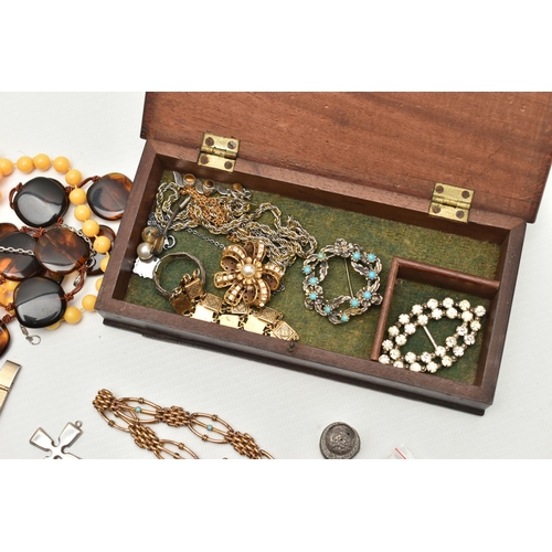 163 - TWO WOODEN BOXES WITH COSTUME JEWELLERY, to include a gold plated gate bracelet, a ladys 'Timex' wri... 