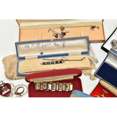 166 - A BOX OF ASSORTED ITEMS, to include an a/f ring hallmarked 9ct Birmingham, approximate gross weight ... 