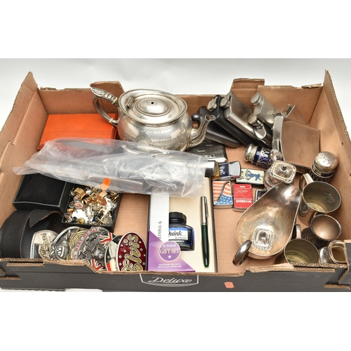 178 - A BOX OF ASSORTED ITEMS, to include a 'Zippo' brass lighter, six additional lighters, a 'Parker' fou... 