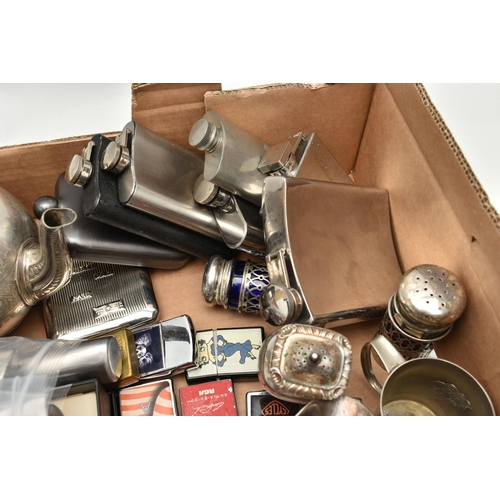 178 - A BOX OF ASSORTED ITEMS, to include a 'Zippo' brass lighter, six additional lighters, a 'Parker' fou... 