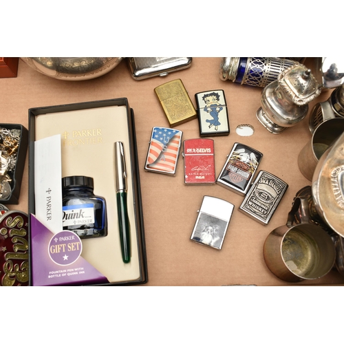 178 - A BOX OF ASSORTED ITEMS, to include a 'Zippo' brass lighter, six additional lighters, a 'Parker' fou... 