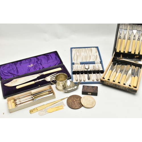 184 - TWO BOXES OF ASSORTED CUTLERY, to include a cased fish server set, an AF cased set of six fish knive... 