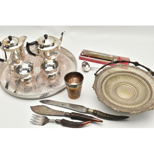 185 - A BOX OF ASSORTED ITEMS, to include a large white metal tray, a horn cup, a four piece tea set inclu... 