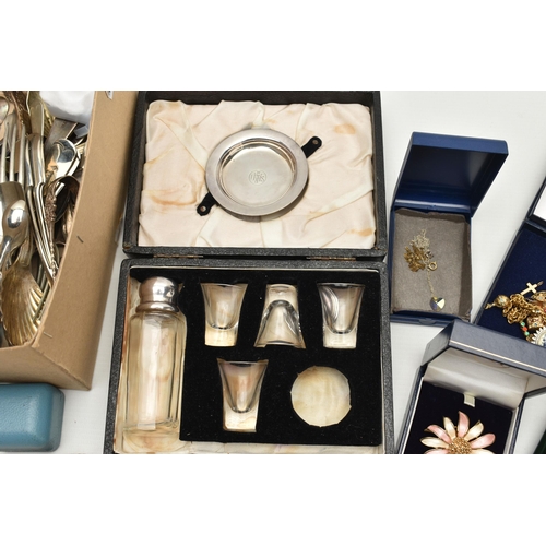 188 - A PLASTIC BOX OF ASSORTED ITEMS, to include a box of assorted loose cutlery pieces, costume jeweller... 