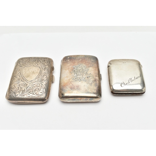 190 - TWO LATE 19TH/EARLY 20TH CENTURY SILVER CIGARETTE CASES AND A SILVER VESTA CASE, the rectangular cas... 