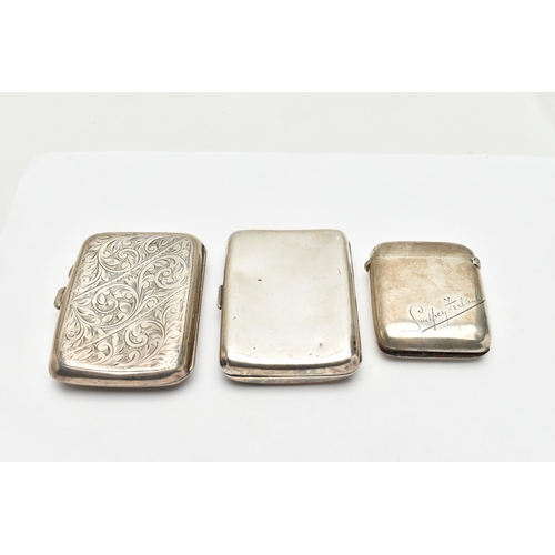 190 - TWO LATE 19TH/EARLY 20TH CENTURY SILVER CIGARETTE CASES AND A SILVER VESTA CASE, the rectangular cas... 