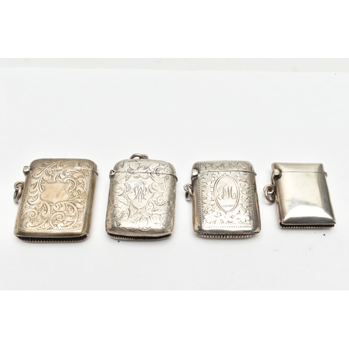 191 - FOUR LATE 19TH AND EARLY 20TH CENTURY SILVER VESTA CASES OF RECTANGULAR FORM, one plain, the other t... 