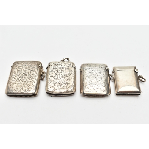 191 - FOUR LATE 19TH AND EARLY 20TH CENTURY SILVER VESTA CASES OF RECTANGULAR FORM, one plain, the other t... 