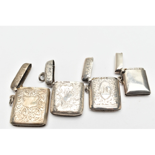 191 - FOUR LATE 19TH AND EARLY 20TH CENTURY SILVER VESTA CASES OF RECTANGULAR FORM, one plain, the other t... 