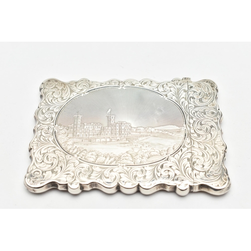 193 - A VICTORIAN SILVER ENGRAVED 'CASTLE TOP' CARD CASE OF OSBORNE HOUSE BY NATHANIEL MILLS, of wavy rect... 