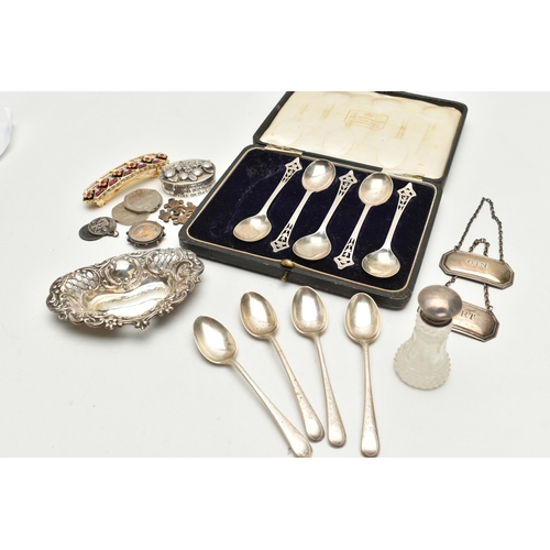 195 - A BOX OF ASSORTED SILVER ITEMS, to include a pierced bonbon dish, hallmarked Birmingham, four silver... 