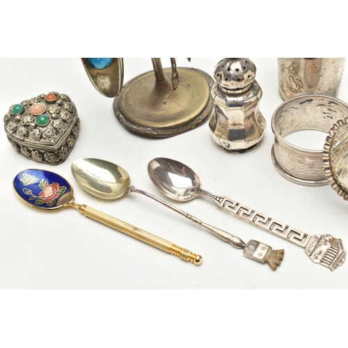 197 - A SMALL BOX OF ASSORTED ITEMS, to include a white metal manicure stand with three manicure items, da... 