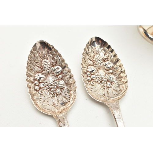 198 - A SILVER DISH AND TWO GEORGIAN BERRY SPOONS, raised swirl dish, hallmarked 'Thomas Edward Atkins' Bi... 