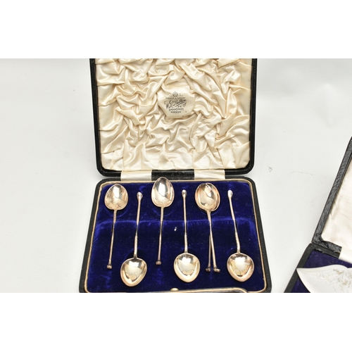 199 - A BOX OF ASSORTED SILVER ITEMS, to include a cased set of seven golfing teaspoons, each hallmarked B... 