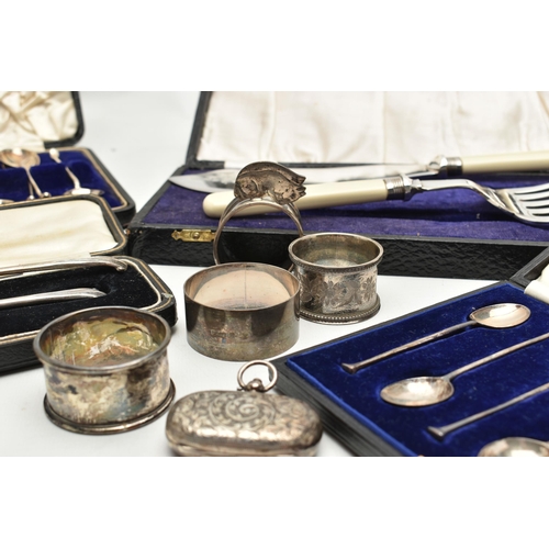 199 - A BOX OF ASSORTED SILVER ITEMS, to include a cased set of seven golfing teaspoons, each hallmarked B... 