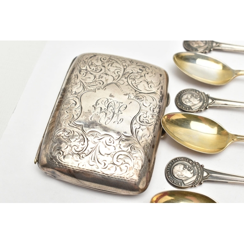 200 - TWO SILVER CIGARETTE CASES AND SIX TEASPOONS, the first a/f cigarette case with an engine turned pat... 