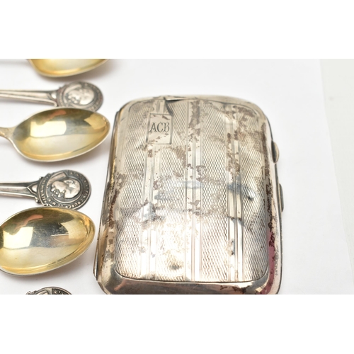 200 - TWO SILVER CIGARETTE CASES AND SIX TEASPOONS, the first a/f cigarette case with an engine turned pat... 