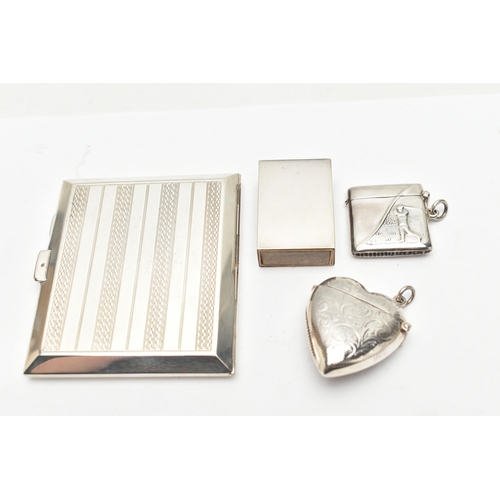 202 - A GEORGE V SILVER CIGARETTE CASE, TWO SILVER EDWARDIAN STYLE VESTA CASES AND A SMALL STERLING MATCHB... 