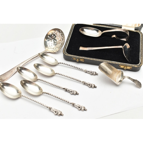 203 - A SMALL PARCEL OF 19TH AND 20TH CENTURY CASED AND LOOSE FLATWARE, comprising a George III Fiddle pat... 