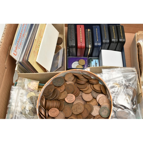 206 - A LARGE CARDBOARD TRAY OF MIXED WORLD COINS AND COMMEMORATIVES, to include a Proof 1588-1988 38mm 27... 