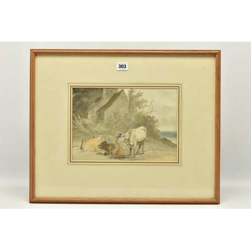 303 - CIRCLE OF ROBERT HILLS (1769-1844) CATTLE RESTING BEFORE COTTAGES, unsigned, watercolour and pencil ... 