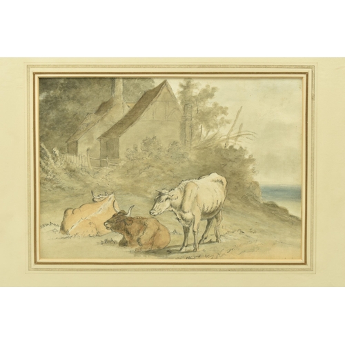 303 - CIRCLE OF ROBERT HILLS (1769-1844) CATTLE RESTING BEFORE COTTAGES, unsigned, watercolour and pencil ... 