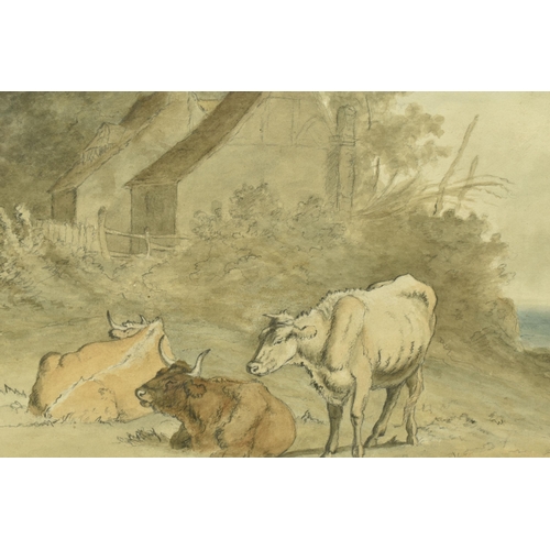 303 - CIRCLE OF ROBERT HILLS (1769-1844) CATTLE RESTING BEFORE COTTAGES, unsigned, watercolour and pencil ... 