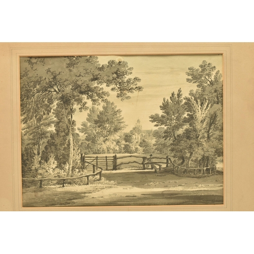 304 - CIRCLE OF JAMES BOURNE (1733-1854) 'TWICKENHAM', a landscape with distant church, unsigned, ink wash... 