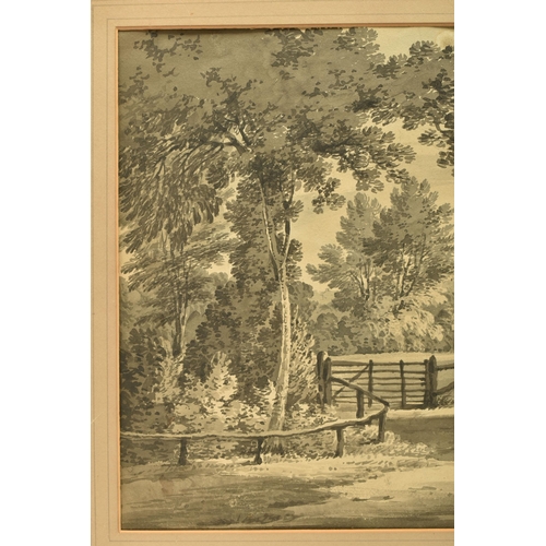 304 - CIRCLE OF JAMES BOURNE (1733-1854) 'TWICKENHAM', a landscape with distant church, unsigned, ink wash... 