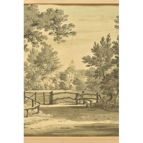 304 - CIRCLE OF JAMES BOURNE (1733-1854) 'TWICKENHAM', a landscape with distant church, unsigned, ink wash... 