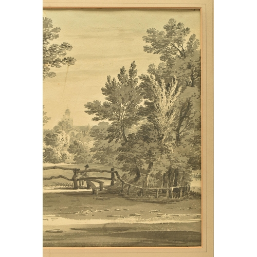 304 - CIRCLE OF JAMES BOURNE (1733-1854) 'TWICKENHAM', a landscape with distant church, unsigned, ink wash... 