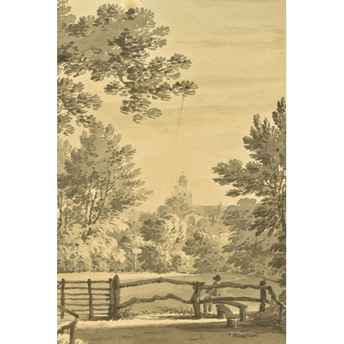 304 - CIRCLE OF JAMES BOURNE (1733-1854) 'TWICKENHAM', a landscape with distant church, unsigned, ink wash... 