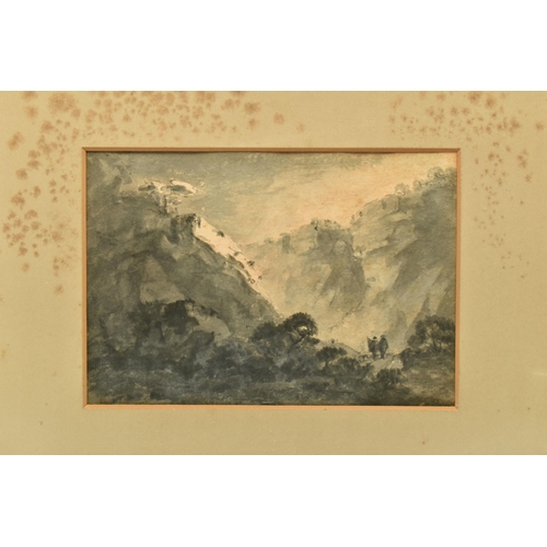 308 - CIRCLE OF WILLIAM GILPIN (1724-1804) A ROCKY LANDSCAPE WITH FIGURES ON A PATH, unsigned, ink wash on... 