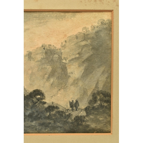 308 - CIRCLE OF WILLIAM GILPIN (1724-1804) A ROCKY LANDSCAPE WITH FIGURES ON A PATH, unsigned, ink wash on... 