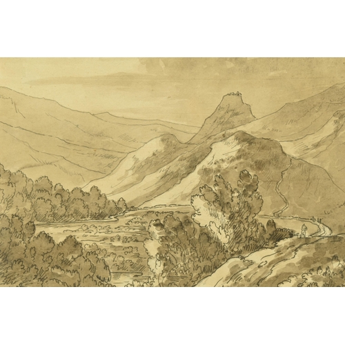 309 - ATTRIBUTED TO E BECKER (ACTIVE 1793-1810), 'NEAR LLANGOLLEN N. WALES', a Welsh landscape study with ... 