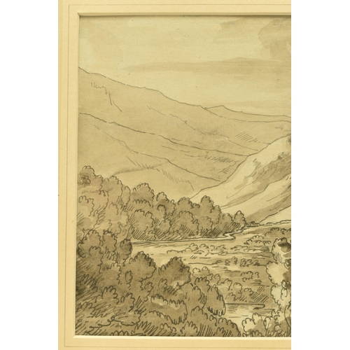 309 - ATTRIBUTED TO E BECKER (ACTIVE 1793-1810), 'NEAR LLANGOLLEN N. WALES', a Welsh landscape study with ... 