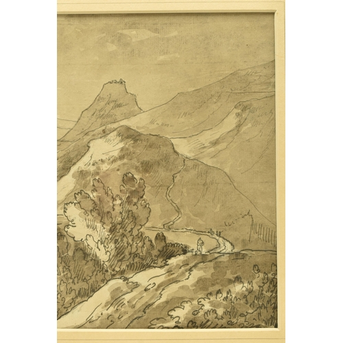 309 - ATTRIBUTED TO E BECKER (ACTIVE 1793-1810), 'NEAR LLANGOLLEN N. WALES', a Welsh landscape study with ... 