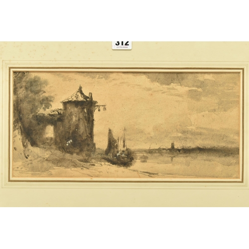 312 - CIRCLE OF WILLIAM JAMES MULLER (1812-1845) A STUDY FOR A LANDSCAPE WITH TOWER BESIDE A RIVER, unsign... 