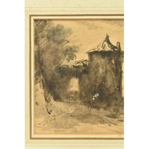 312 - CIRCLE OF WILLIAM JAMES MULLER (1812-1845) A STUDY FOR A LANDSCAPE WITH TOWER BESIDE A RIVER, unsign... 